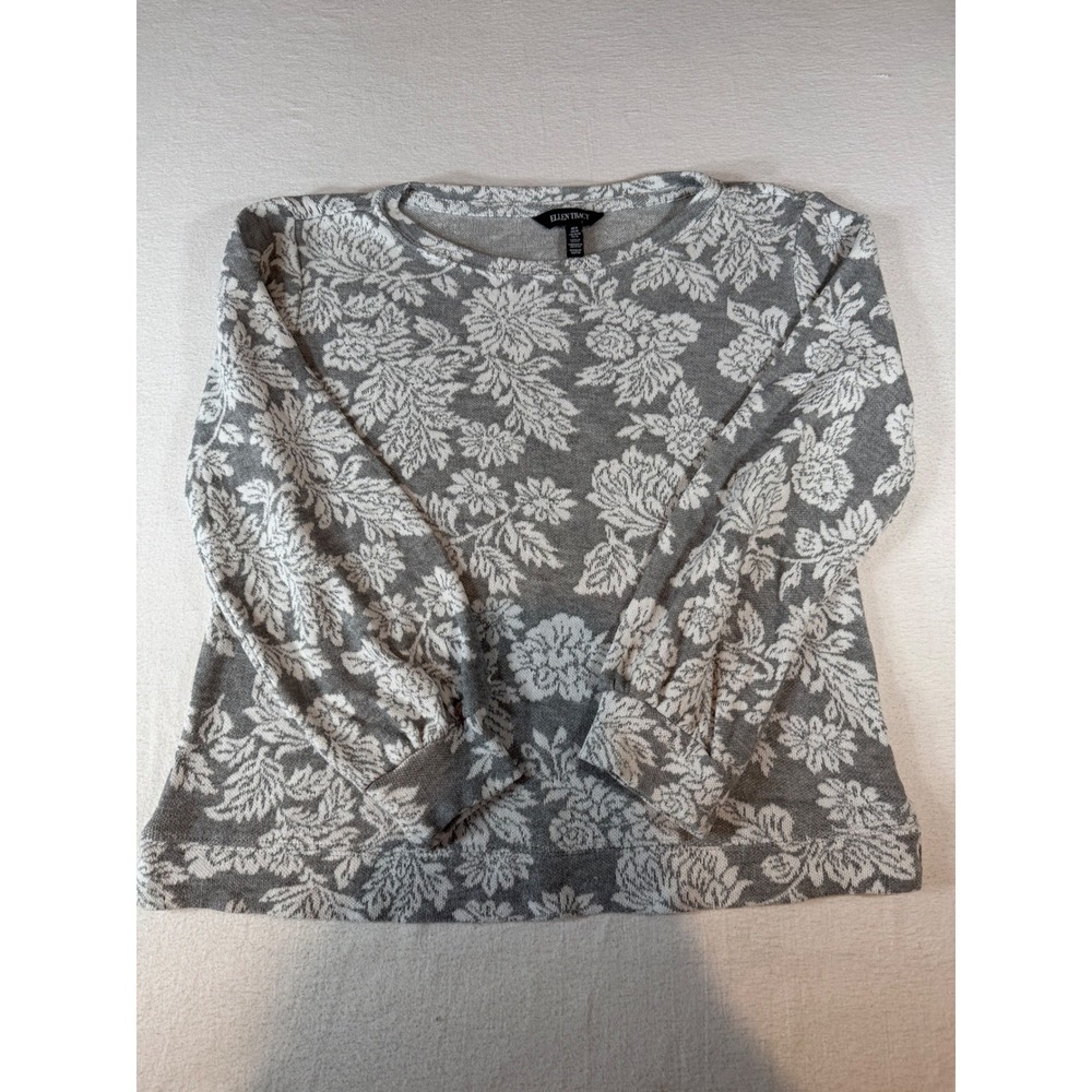 Ellen Tracy Grey White Floral Jacquard Knit Long Sleeve Top Crew Neck Medium